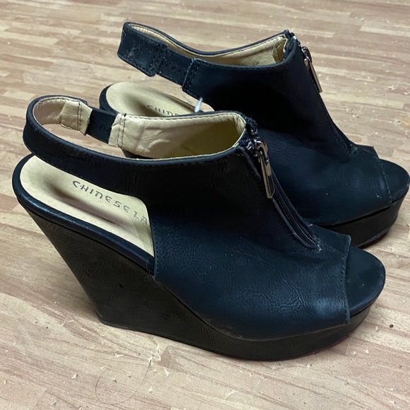 Chinese Laundry Shoes - Black Zip Up Wedge Heel